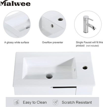 Malwee 22" Floating Bathroom Vanity with Sink, 22 Inch Single Sink Wall Mounted Bathroom Vanity, with 1 Door and White Ceramic Basin Top for Small Space, Plywood Cabinet Storage(002-22)