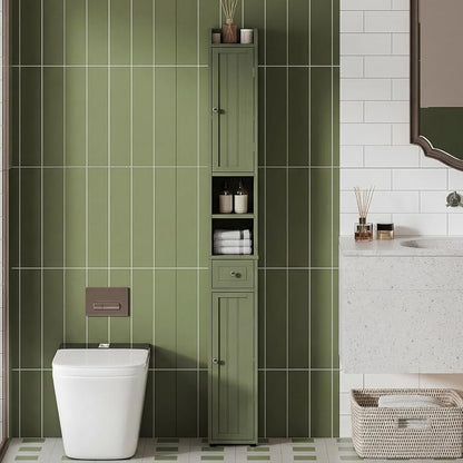 ChooChoo Narrow Bathroom Storage Cabinet with Adjustable Shelves and Drawer | Tall Slim Storage Cabinet, Freestanding Cupboard for Small Spaces, Green