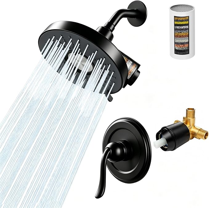 2-Piece Filtered Shower Faucet Set with Valve, 6-Inch 3-Function Shower Head with 18-Stage Filter, Single-Handle Pressure Balance Trim, Matte Black