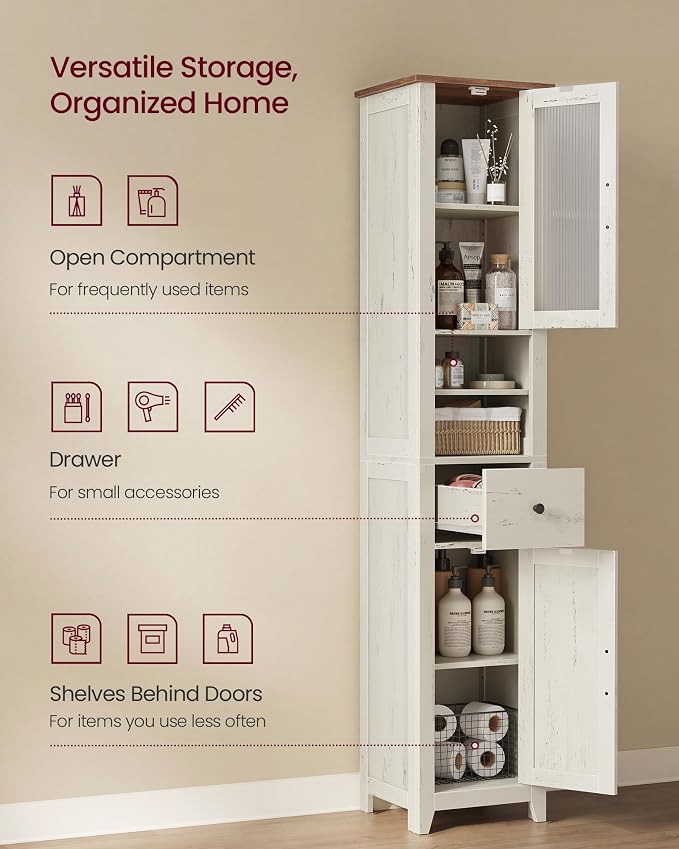 VASAGLE LIRY Collection -Tall Bathroom Cabinet, Farmhouse Freestanding Storage Cupboard with Drawer and Doors, Narrow Space Saver, 13 x 12.4 x 67.3 inch,Rustic White and Honey Brown, UBBK660W101S