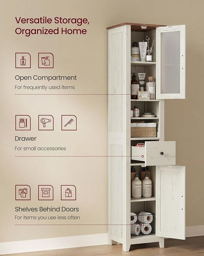 VASAGLE LIRY Collection -Tall Bathroom Cabinet, Farmhouse Freestanding Storage Cupboard with Drawer and Doors, Narrow Space Saver, 13 x 12.4 x 67.3 inch,Rustic White and Honey Brown, UBBK660W101S
