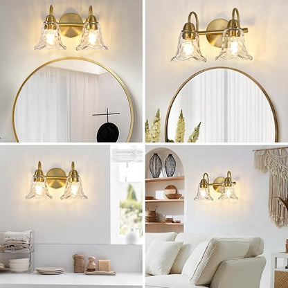 Bathroom Light Fixtures Over Mirror, 2 Lights Vintage Wall Sconces with Hammered Glass Shade, 12.6" Gold Bathroom Wall Light Fixtures for Bedroom, Porch, Hotel, Mirror Cabinet