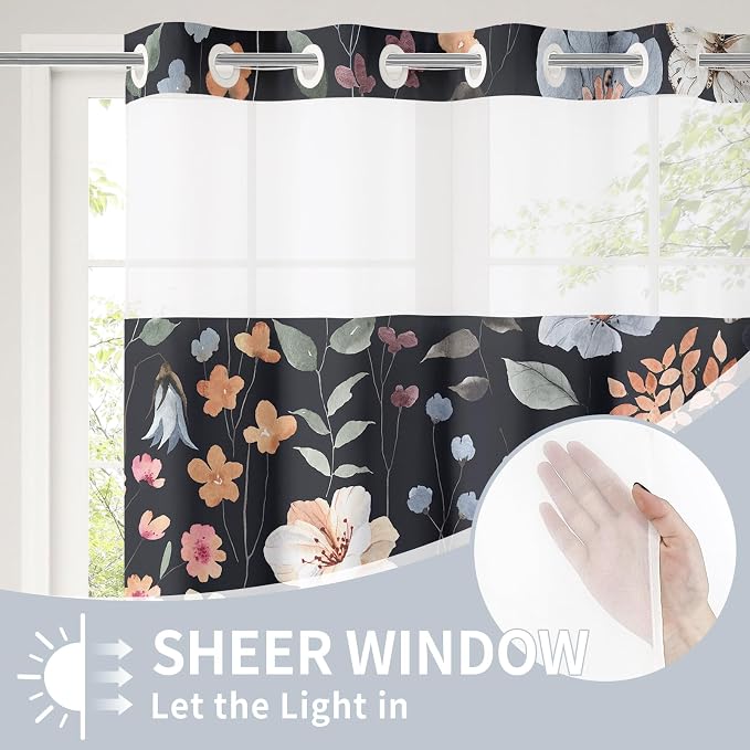 Litabel No Hook Black Watercolor Floral Shower Curtain and Liner Set, 72x86 | Flower Shower Curtains with Snap-in Liner for Farmhouse Bathroom Decor, Botanical Bathroom Curtain with Leaves