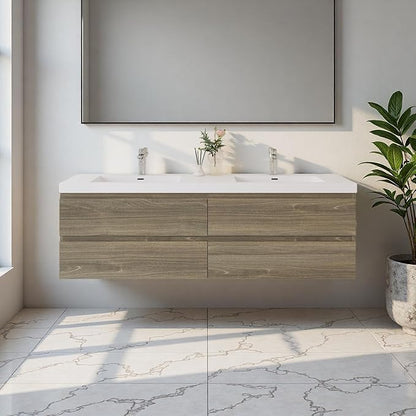72" Floating Bathroom Vanity with Sink, Modern Wall Mounted Vanity with Resin Top Basin and 4 U-Shaped Soft-Close Storage Drawers, Bathroom Storage Cabinet with Invisible Handle, Grey