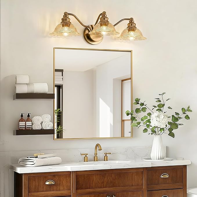 Redluck Vintage Bathroom Vanity Light Fixture, 3-Light Bathroom Lighting Fixtures Over Mirror, Antique Brass Finish with Amber Crystal Glass Shade, Wall Sconces Lighting for Bedroom, Living Room