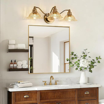 Redluck Vintage Bathroom Vanity Light Fixture, 3-Light Bathroom Lighting Fixtures Over Mirror, Antique Brass Finish with Amber Crystal Glass Shade, Wall Sconces Lighting for Bedroom, Living Room