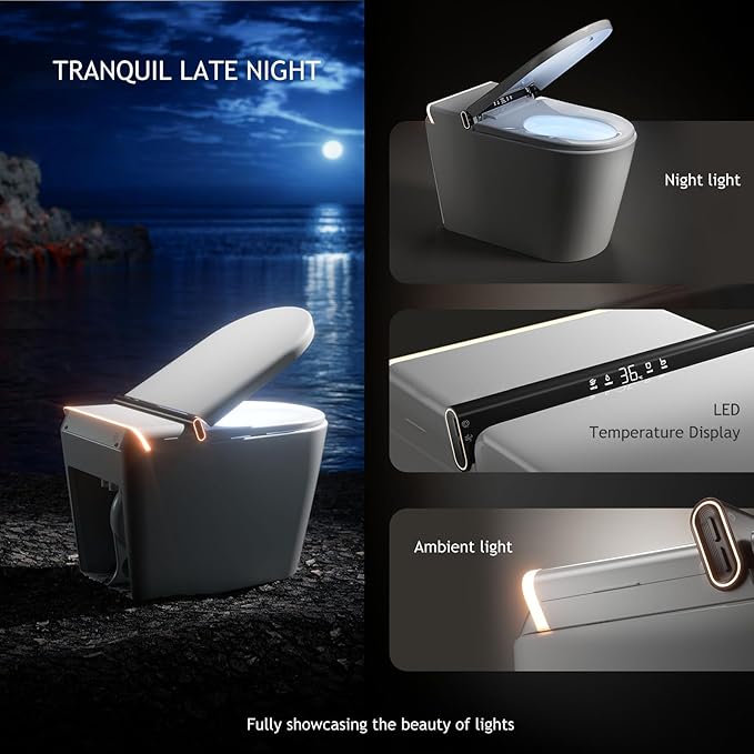 Modern Smart Toilet, One Piece Toilet with Auto Open/Close Lid, Heated Seat, Bidet Function, Warm Air Dry, Foam Shield, Auto Deodorization, Night Light, Remote Control