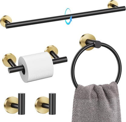 TQKAG 5 Piece Black and Gold Bathroom Accessories, Towel Racks for Bathroom | 23.6" Bathroom Hardware Set, SUS304 Stainless Steel, Double Post Pivoting, Towel Hooks, Toilet Paper Holder Set Wall Mounted