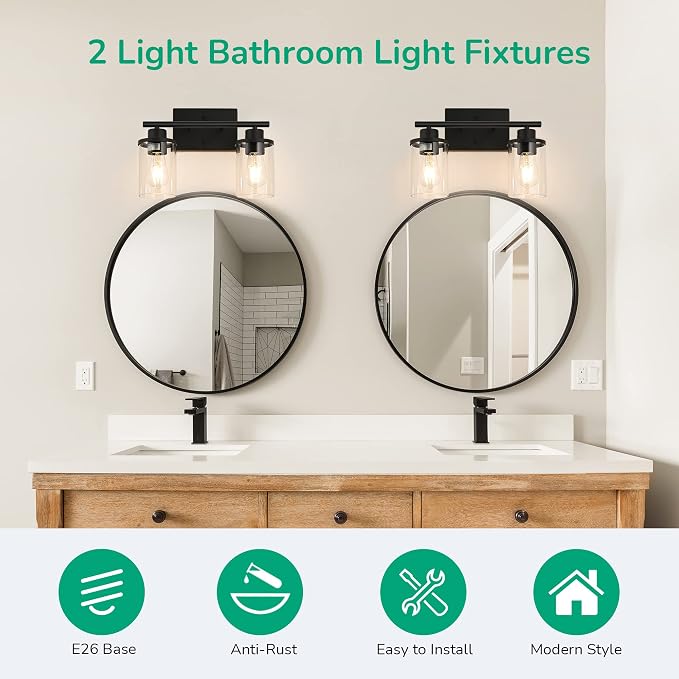 EDISHINE Bathroom Light Fixtures, 2-Light Bathroom Vanity Light with Clear Glass Shades, Matte Black Vanity Lights, Vintage Wall Sconces for Bedroom Living Room Hallway, E26 Base (Bulbs Not Included) | E26 Base (Bulbs Not Included), Vintage Wall Sconce...