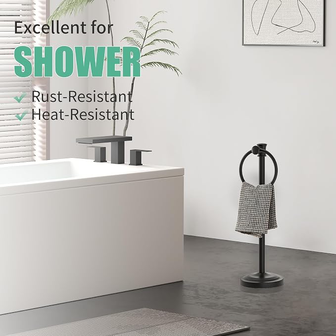 Hoimpro Hand Towel Holder Free Standing Towel Bar Matte Black | Hanging Floor Hand Towel Rack Ring, for Bathroom Kitchen Vanity Countertops, Hardware Accessories SUS 304 Heavy-Duty Base