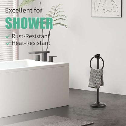 Hoimpro Hand Towel Holder Free Standing Towel Bar Matte Black | Hanging Floor Hand Towel Rack Ring, for Bathroom Kitchen Vanity Countertops, Hardware Accessories SUS 304 Heavy-Duty Base