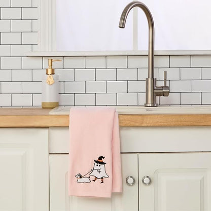 SKL Home Halloween Ghost Walking Dog Hand Towel Set-2pc, 100% Cotton, Pink | Soft, embroidered velour. Great for the bathroom, kitchen or bar & gifting.