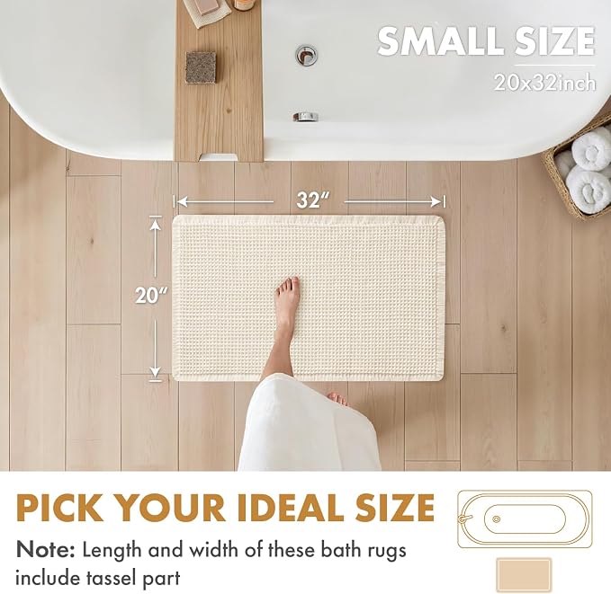 MIULEE Set of 2 Waffle Bathroom Rugs Boho Bath Mat Cream White 20x32 Inch | Non Slip, Super Absorbent, Washable, Ultra Soft, Rubber Backed Bath Rugs for Bathroom Floor Tub Shower