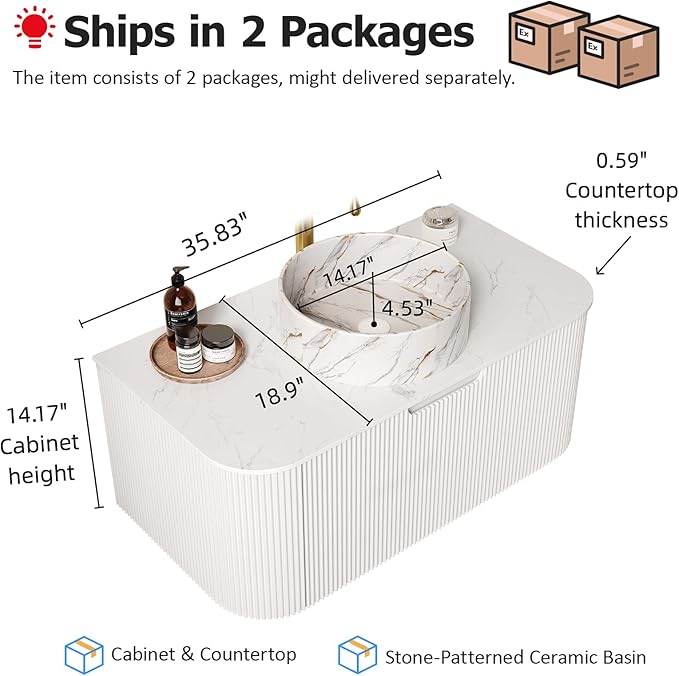 36" Floating Bathroom Vanity with Sink, Modern Bathroom Cabinet with Ultra-Thin Black Stone Pattern Ceramic Basin and Marble Countertop, Large Storage Drawer, Soft-Close Design, White