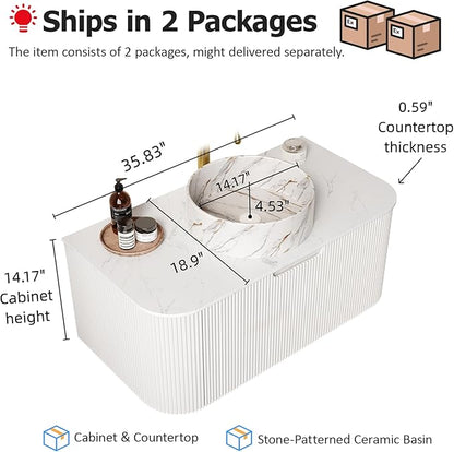 36" Floating Bathroom Vanity with Sink, Modern Bathroom Cabinet with Ultra-Thin Black Stone Pattern Ceramic Basin and Marble Countertop, Large Storage Drawer, Soft-Close Design, White
