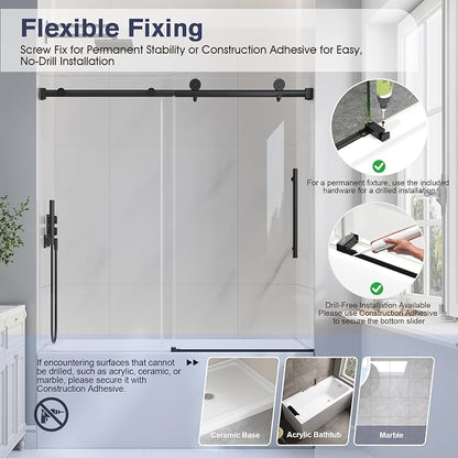 55-60" W x 60" H Frameless Bathtub Shower Door Matte Black | 1/4''(6mm) SGCC Tempered Glass,Explosion Proof Film,Nano Coating,Customizable width,Reversible installation,Easy to Clean