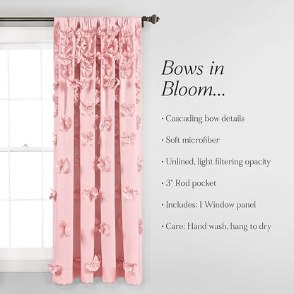 Lush Decor Riley Light Filtering Window Curtain Panel, Single 54" W x 63" L, Pink - Cute Pink Curtains for Bedroom - Bow Decor - Coquette Curtains for Windows