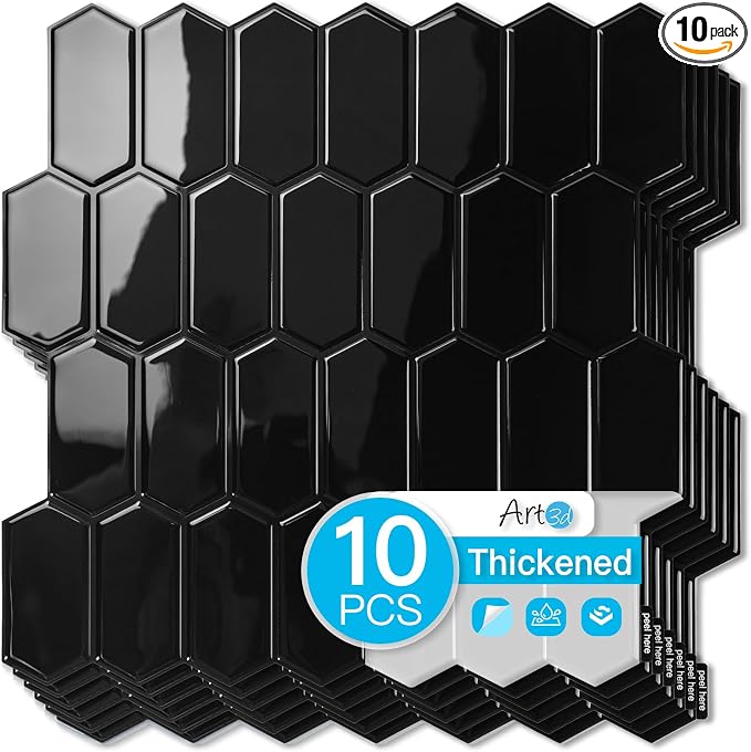 Art3d Hexagon Tile Peel and Stick Backsplash, 10-Pack, 12 x 12 Inch, Black | Superior Thickness, Reliable Adhesion, Warp Resistant, Minimalist Style, Easy to Install, for Kitchen Countertops, Bedroom