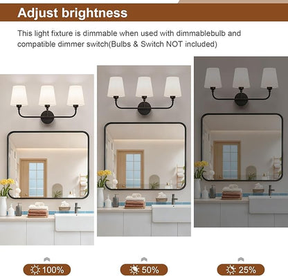 Bathroom Vanity Light, Matte Black Bathroom Light Fixtures, 3-Light Lighting Fixtures Over Mirror, Modern Wall Sconce with Flared White Fabric Shade, E26 Socket(ETL Listed)