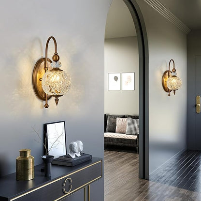 Vintage Gold Wall Sconce with Glass Globe Shade Mid Century Brushed Brass G9 Bulb Vanity Light Indoor Wall Light for Bathroom Farmhouse Bedroom Living Room Hallway