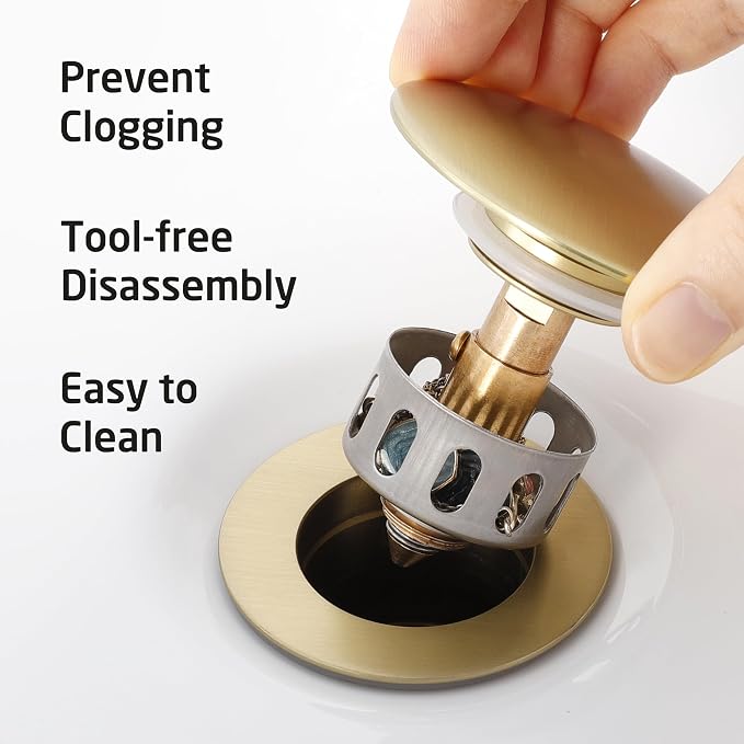 KES Sink Drain without Overflow Anti Clogging Pop Up Drain with Strainer Bathroom Sink Drain Assembly Brushed Gold, S2013D-BZ