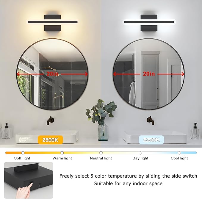 JUSHENG Black Vanity Lights for Bathroom, 5CCT Dimmable Bathroom Light Fixtures Over Mirror, Modern LED Vanity Light Bar Above Mirror 16'' Inch 16W