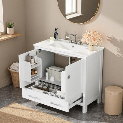 36" Freestanding Bathroom Vanity with Sink, Floor Stand Bathroom Storage Cabinet with Ceramic Sink, Doors with Double-Layered Storage Shelves, Modern Compact Vanity with Divided Drawer, White