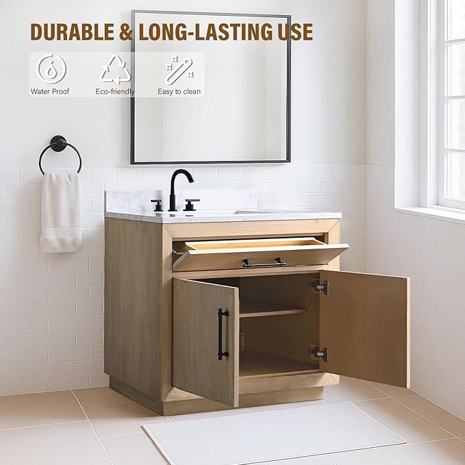 HOMEBEYOND 36 Inch Bathroom Vanity with Single Sink & Ceramic Top, MDF Material Vanity Cabinet with Basin Combo, Soft-Closing Doors, Removable Shelf, Backsplash