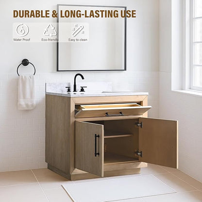 HOMEBEYOND 36 Inch Bathroom Vanity with Single Sink & Ceramic Top, MDF Material Vanity Cabinet with Basin Combo, Soft-Closing Doors, Removable Shelf, Backsplash