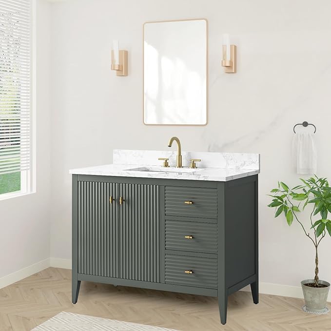 HOMEBEYOND 42" Bathroom Vanity with Sink, Solid Wood Bathroom Vanity Free-Standing Cabinet, Drawers, Ceramic Top & Soft Closing Door, Golden Brushed Handware, Vintage Green