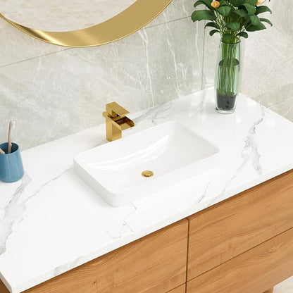 Lordear Vessel Sink Bathroom Semi Recessed Sink 19 x 12 Inch Rectangular White Ceramic Vessel Sink Modern Vanity Sink Bath Wash Sinks Bowl Above Counter Basin