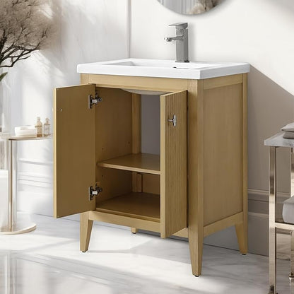 Vanity Art 24 inch Oak Bathroom Vanity with Single Sink & Ceramic Top, Vanity Cabinet with Soft-Closing Door, Solid Wood Frame, Linear Pattern, Natural Oak, VA9124-NO-MB,Matte Black Handles