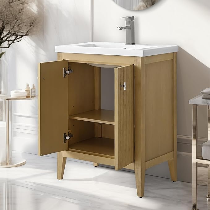 Vanity Art 24 inch Bathroom Vanity with Single Sink & Ceramic Top, Vanity Cabinet with Soft-Closing Door, Solid Wood Frame, Linear Pattern, Natural Oak, Golden Brushed Handware VA9124-NO-GB