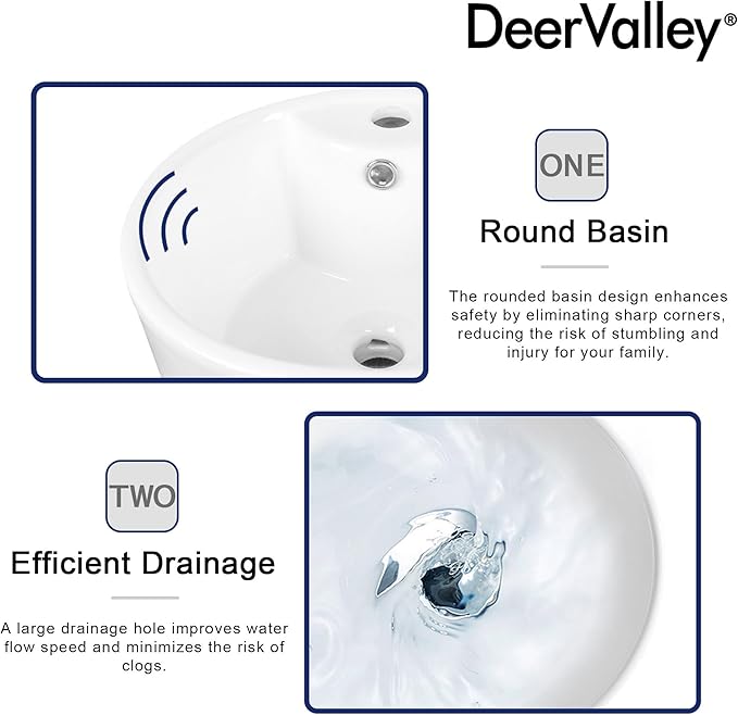 DeerValley Apex 15x15 Inch Circular Pedestal Sink, White Ceramic Bathroom Sink with Overflow, DV-1P527