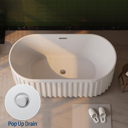 59" Freestanding Bathtub, Acrylic Soaking Tub with V Shape Pleated Design, Chrome Drain & Classic Slotted Overflow, CUPC Certified, Gloss White for Modern Bathroom