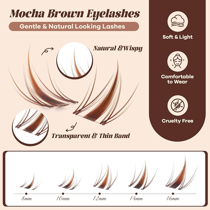 B&Q Brown Fairy Lash Clusters Kit Manga Lashes Clusters, Wispy Light Brown Eyelash Cluster Kit C-Curl 8-16mm DIY Lash Eyelashes for Fair/Dark Hair, Lightweight & Invisible Band(Mochalash Fairy 04 Set)