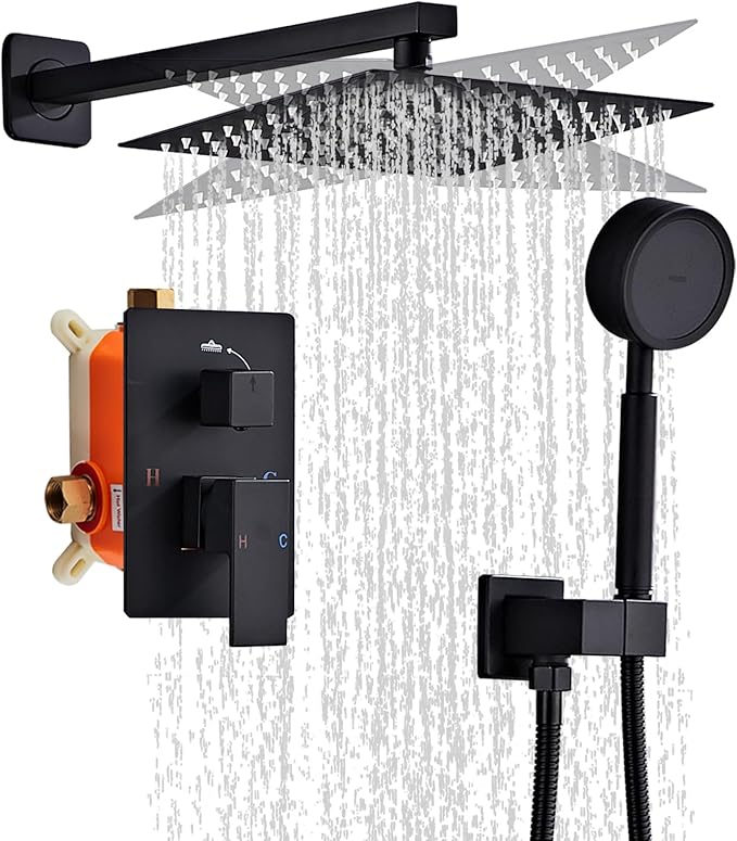 Matte Black Rainfall Shower Head Wall Mounted 10 Inch Shower Heads | Handheld Spray Combo, Luxury Bathroom Square Rain Shower System, Solid Brass Pressure Balancd Shower Faucet Valve