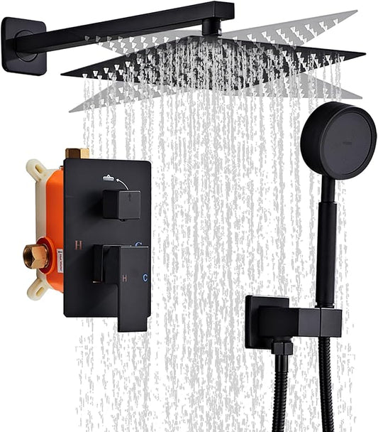 Matte Black Rainfall Shower Head Wall Mounted 10 Inch Shower Heads | Handheld Spray Combo, Luxury Bathroom Square Rain Shower System, Solid Brass Pressure Balancd Shower Faucet Valve