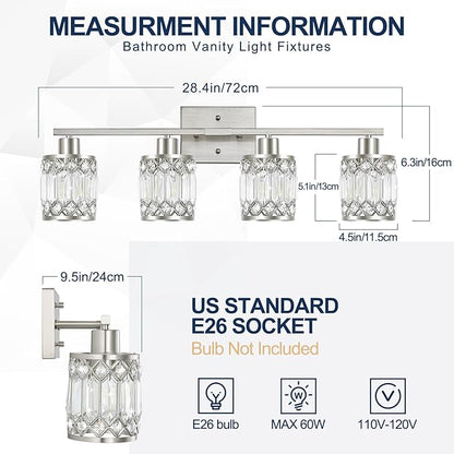Crystal Modern Bathroom Light Fixtures, 4-Light Brushed Nickel Bathroom Vanity Wall Light, Vanity Lights for Mirror, Restroom, Bedroom (E26 Socket, Bulbs Not Included)