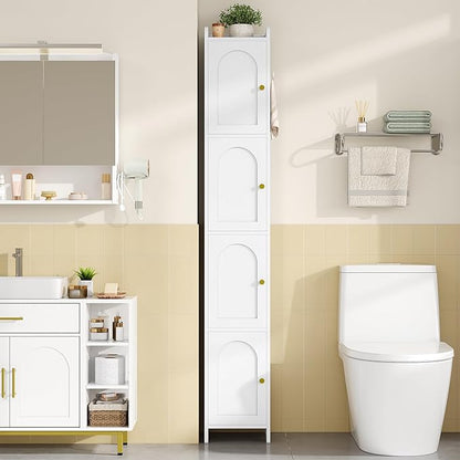 Bathroom Storage Cabinet, Tall Corner Floor Cabinet with 4 Doors and Adjustable Shelf, Narrow Toilet Paper Cabinets, Bathroom Organizer for Small Spaces, 11" D x 11" W x 70.9" H White