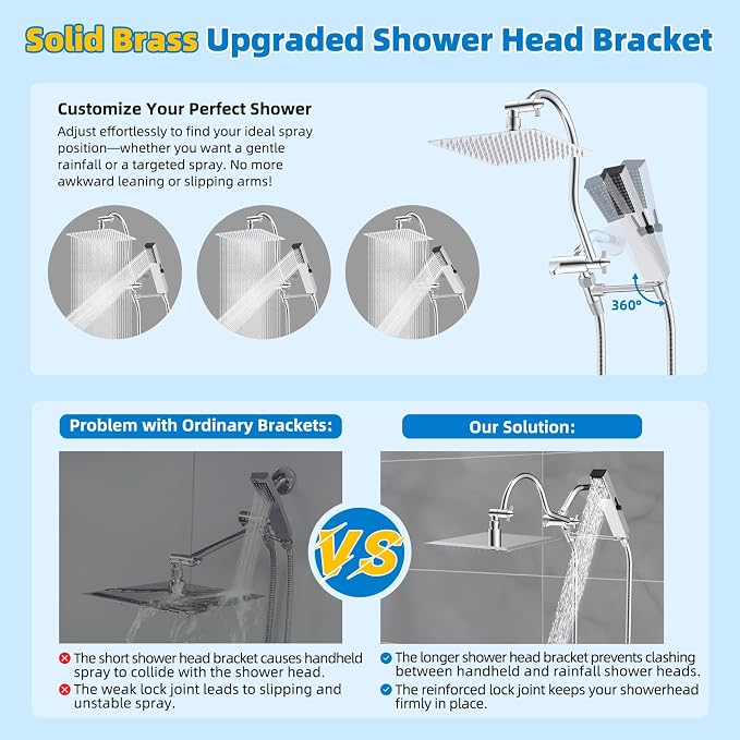 Hibbent All Metal cUPC Certified Shower Head, 8'' High Pressure Rainfall Shower Head, Showerhead Combo, Handheld Shower Wand, 12'' Adjustable Extension Arm, 4-Spray, 71'' Hose, Shower Holder, Chrome