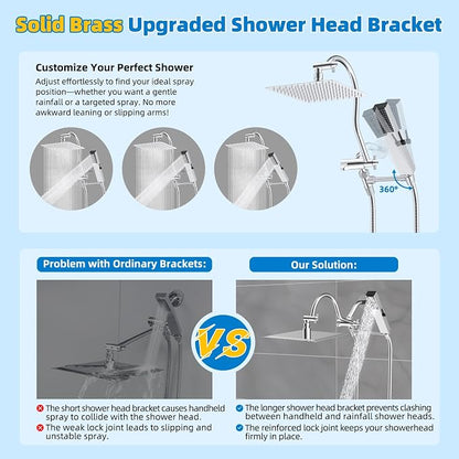 Hibbent All Metal cUPC Certified Shower Head, 8'' High Pressure Rainfall Shower Head, Showerhead Combo, Handheld Shower Wand, 12'' Adjustable Extension Arm, 4-Spray, 71'' Hose, Shower Holder, Chrome