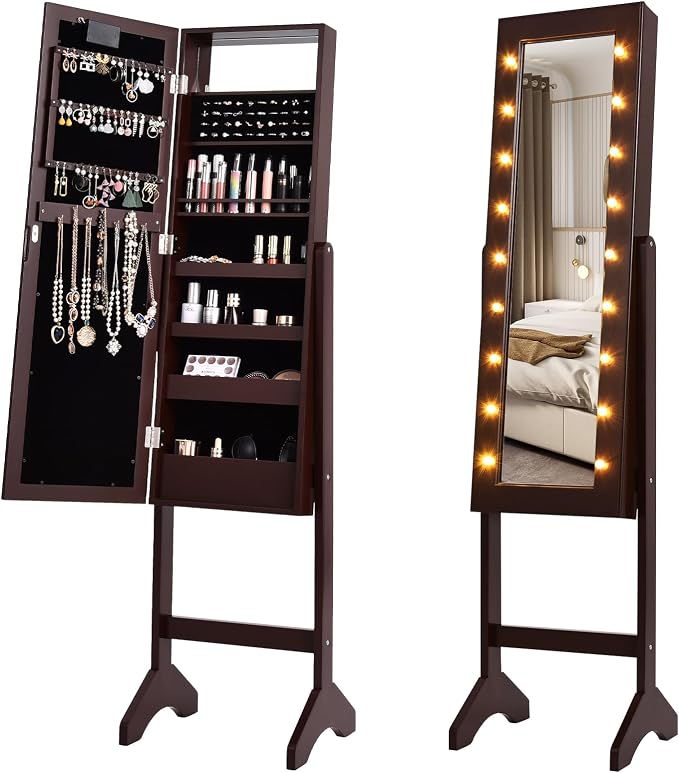 Jewelry Armoire with 18 LED Lights, Freestanding Jewelry Organizer with Full-length Mirror, Large Storage Mirrored Jewelry Cabinet with 16 Lipstick Holders, for Bedroom, Dressing Room (Brown)