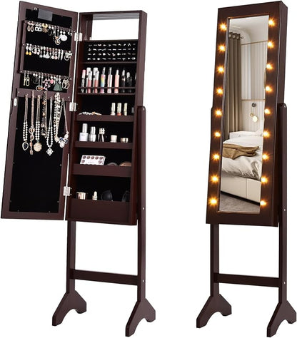 Jewelry Armoire with 18 LED Lights, Freestanding Jewelry Organizer with Full-length Mirror, Large Storage Mirrored Jewelry Cabinet with 16 Lipstick Holders, for Bedroom, Dressing Room (Brown)