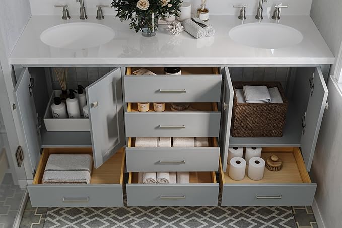 ARIEL Cambridge 66-inch Bathroom Vanity with Sink,Solid Wood, 1.5-inch Pure White Quartz Countertop & Backsplash, Double Oval Porcelain Sink, 4 Soft Closing Doors, 6 Dovetail Drawers, Grey