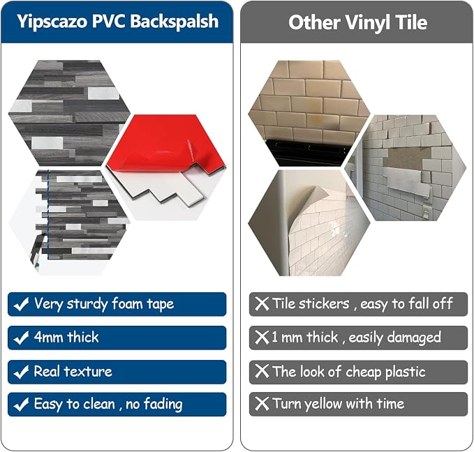 Yipscazo 20 Sheets Peel and Stick Stone Metal Tile Backsplash, Stick on Tiles for Backsplash Kitchen, Bathroom, Laundry Room, Camper, Fireplace (12'' X 12'', Black Wood Grain)