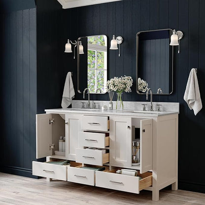 ARIEL Cambridge 60-inch Bathroom Vanity with Sink,Solid Wood, 0.75-inch Italian Carrara Marble Countertop, Double Rectangular Porcelain Sink, 4 Soft Closing Doors, 6 Dovetail Drawers, Grey