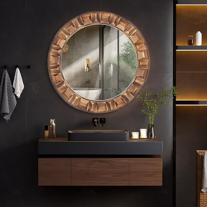 36 Inch Large Round Solid Wood Wall Mirror - Rustic Farmhouse Dark Brown Wooden Circle Mirror for Bathroom, Living Room, Entryway & Wall Decor