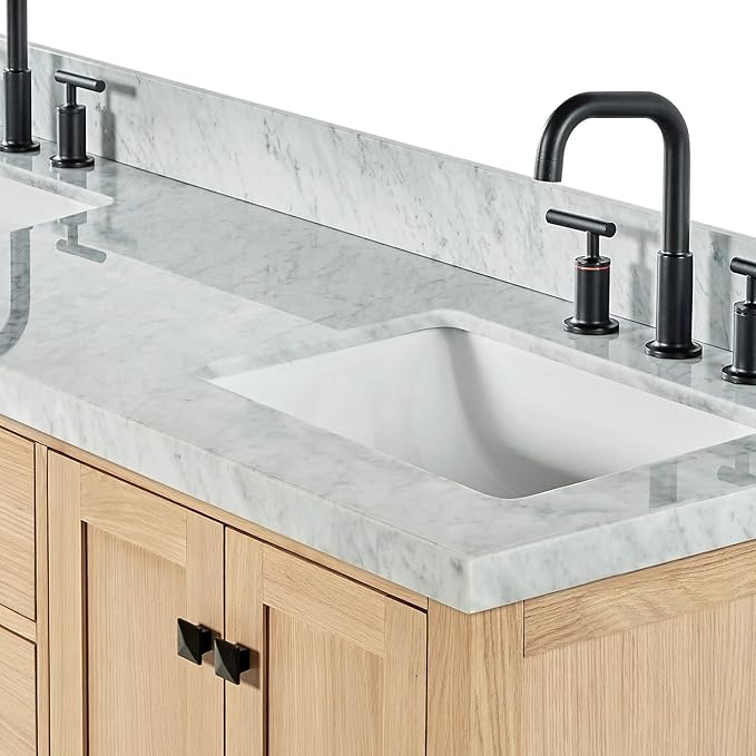 ARIEL Cambridge 66-inch Bathroom Vanity with Sink,Solid Wood, 1.5-inch Italian Carrara Marble Countertop, Double Rectangular Porcelain Sink, 4 Soft Closing Doors, 6 Dovetail Drawers, White Oak