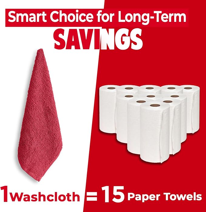 DAN RIVER 12 Pack Cotton Wash Cloths Set for Showering [12x12] Red | Lighter Weight, Quick to Dry, Super Soft & Absorbent Face Towels, Hotel Quality, Perfect for Bathroom, Gym, Spa
